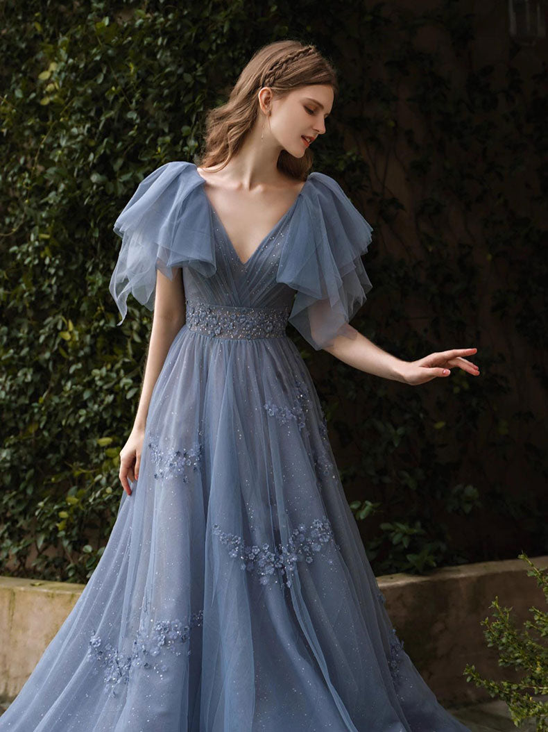 Blue v neck tulle long prom dress, blue tulle formal dress