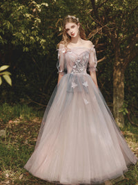 Champagne tulle lace long prom dress, champagne tulle formal dress