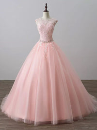 Pink Tulle Lace Long Prom Gown, Pink Tulle Lace Sweet 16 Dress