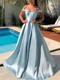 Simple blue off shoulder satin long prom dress blue satin evening dress