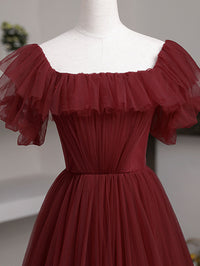 Simple burgundy tulle A line evening dress, burgundy evening dress
