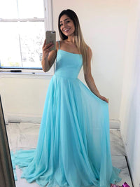 Simple blue chiffon long prom dress, blue tulle evening dress