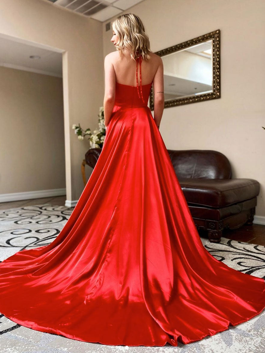 Simple v neck red satin long prom dress red evening dress
