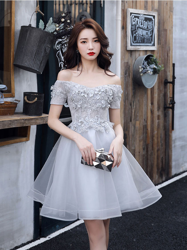 Gray tulle lace short prom dress gray lace homecoming dress