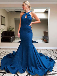 Mermaid blue long prom dress blue evening dress