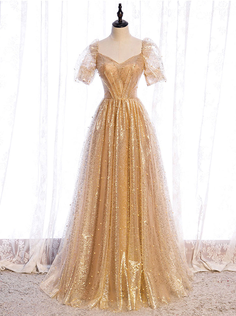 Gold tulle v neck long prom dress gold tulle formal dress