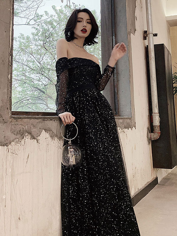 Black tulle long prom dress, black tulle evening dress