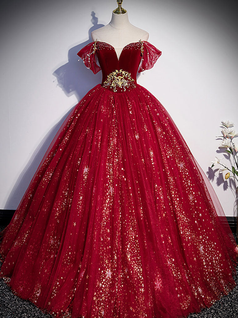 Burgundy sweetheart neck tulle sequin long prom dress, burgundy evening dress