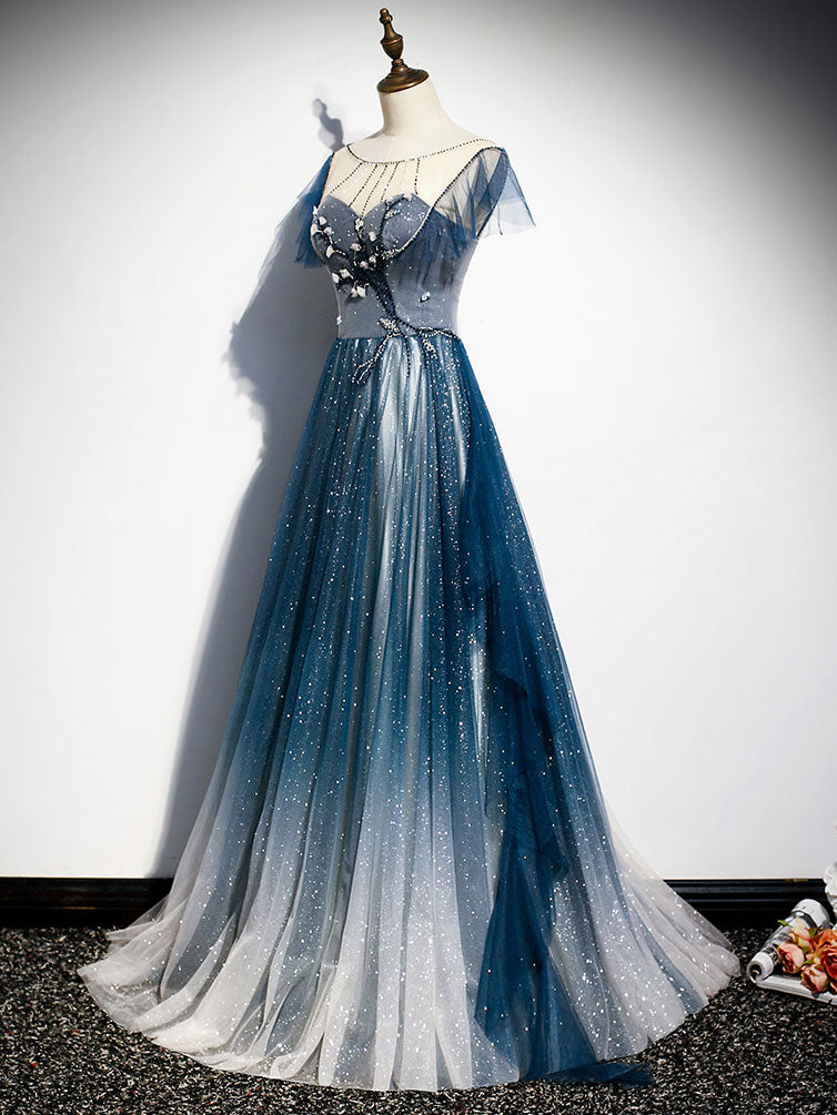 Blue tulle long prom dress, blue beads long evening dress Blue tulle long prom dress, blue beads long evening dress