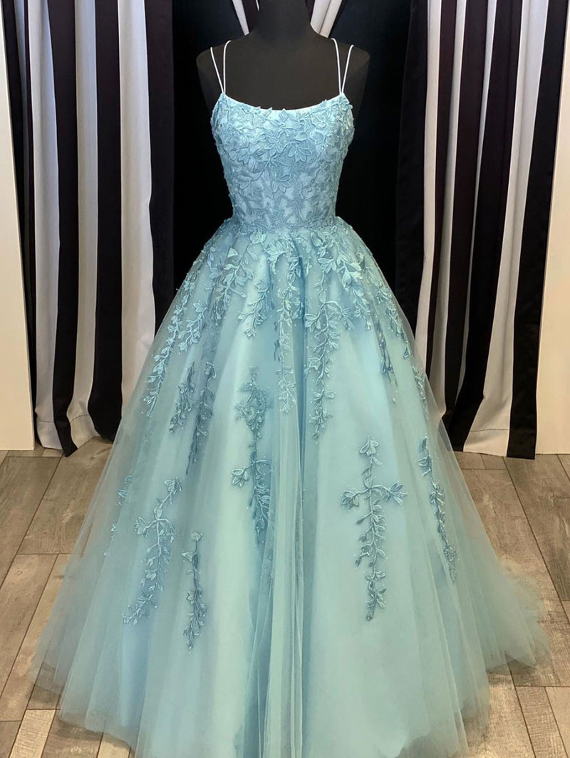 Blue tulle lace long prom dress blue tulle lace evening dress