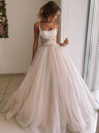 Light champagne tulle lace long prom dress, champagne evening dress