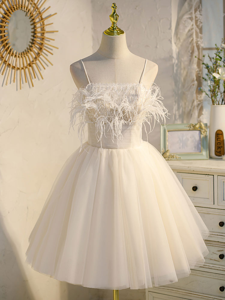 beige homecoming dress A-Line Tulle Short Prom Dress, Beige Cute Line Length A-Line Off Shoulder Tulle Lace