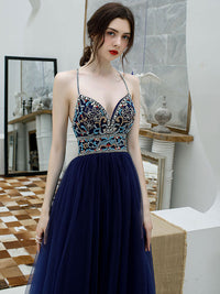 Blue backless tulle long prom dress, blue tulle formal dress