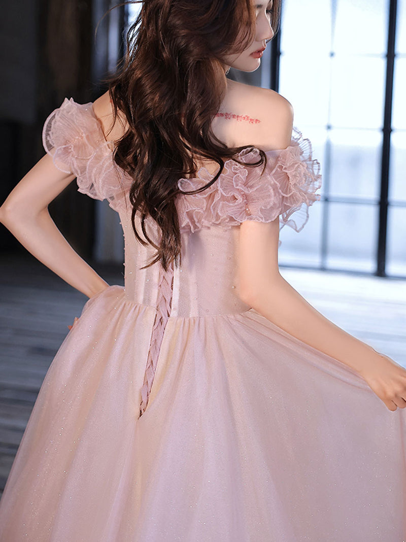 Pink tulle long prom dress, pink tulle evening dress