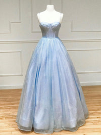 Shiny A-Line Tulle Blue Long Prom Dress, Blue Formal Evening Dresses