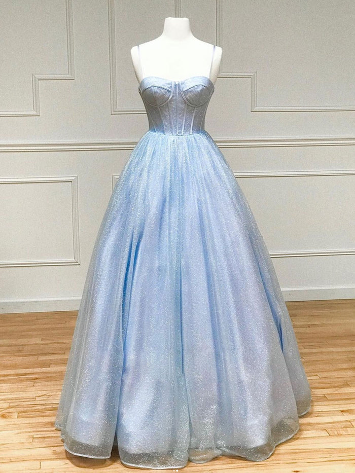Shiny A-Line Tulle Blue Long Prom Dress, Blue Formal Evening Dresses