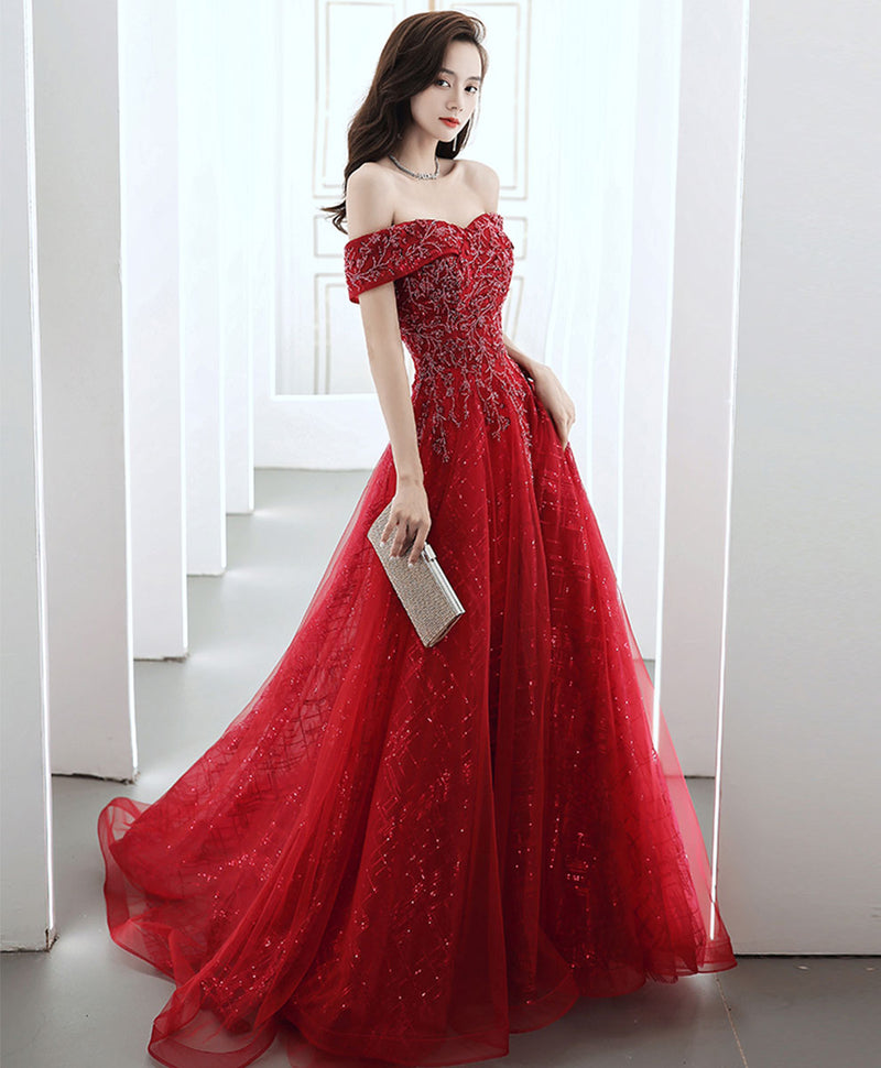 Burgundy off shoulder tulle long prom dress burgundy formal dress – toptby
