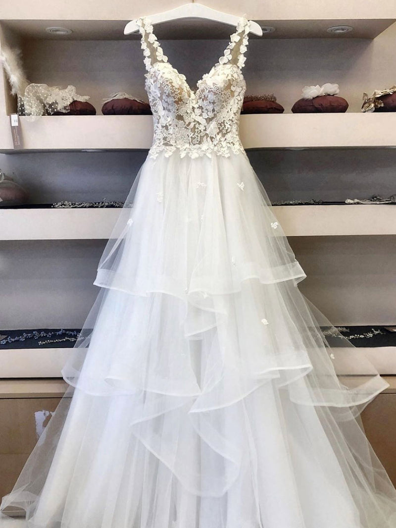 White v neck tulle lace long prom dress white evening dress