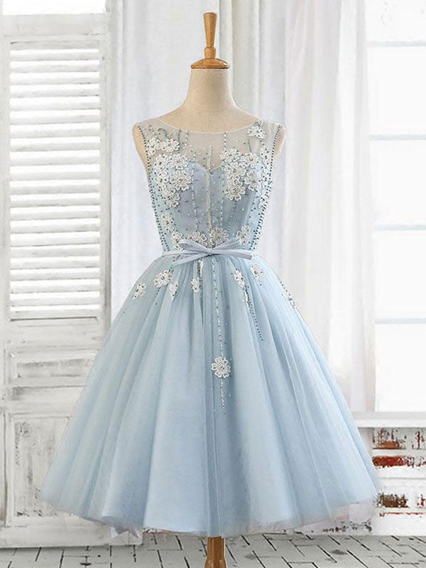Blue round neck tulle beads tulle short prom dress, blue homecoming dress