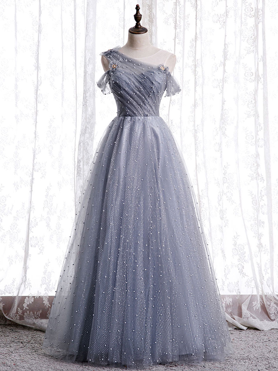 Gray one shoulder tulle long prom dress gray tulle evening dress
