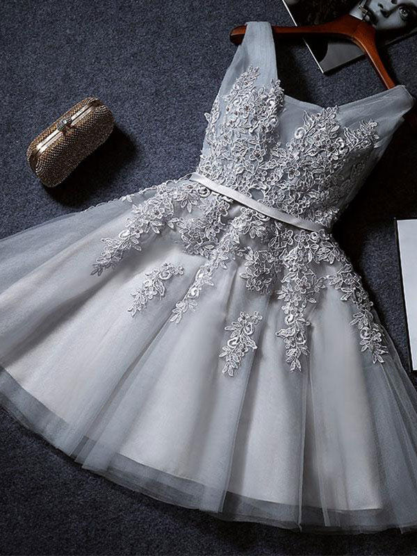 Gray tulle lace short prom dress, gray tulle homecoming dress