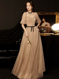 Champagne tulle sequin long prom dress, champagne evening dress