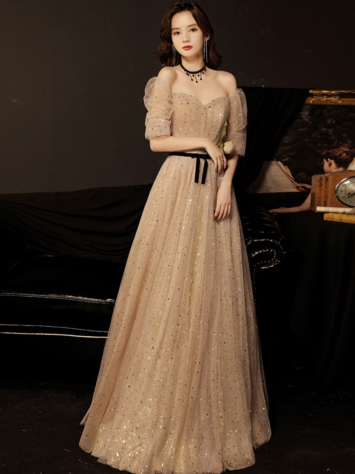Champagne tulle sequin long prom dress, champagne evening dress – toptby