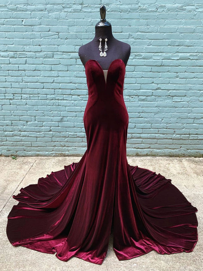 burgundy sweetheart mermaid long prom dress, burgundy formal dress