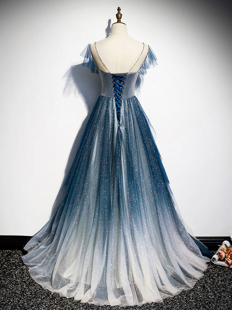 Blue tulle long prom dress, blue beads long evening dress toptby Blue tulle long prom dress, blue beads long evening dress toptby