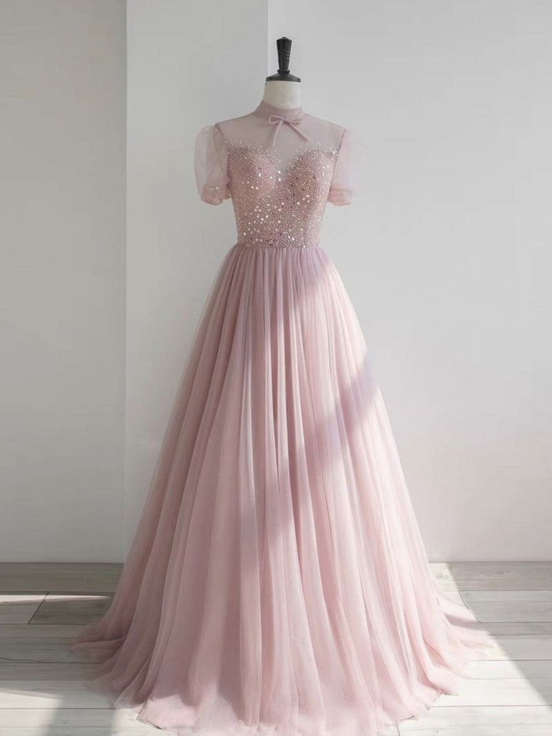 Pink high neck tulle sequin long prom dress, pink A line evening dress