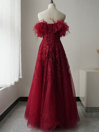 Burgundy tulle sequin long prom dress, burgundy evening dress