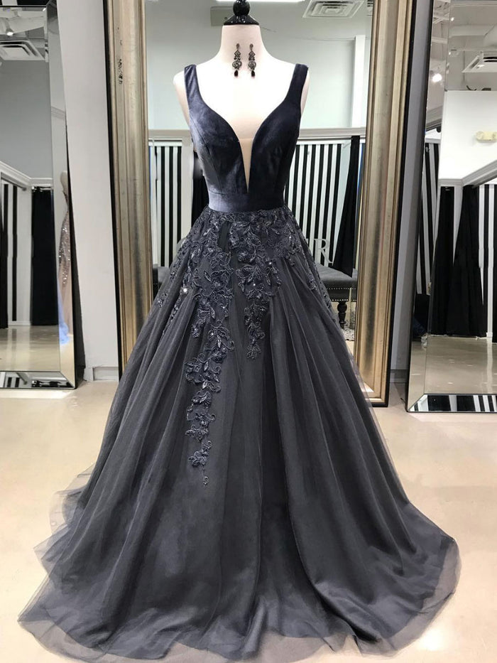 Black v neck tulle lace long prom dress, black tulle evening dress
