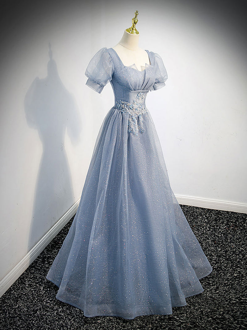Gray blue tulle sequin long prom dress, gray blue evening dress