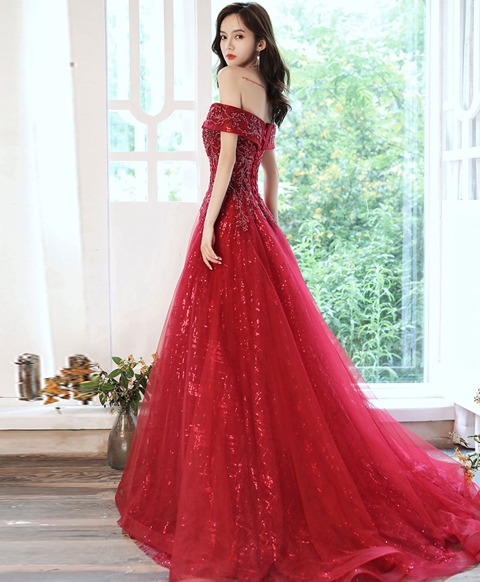 Burgundy off shoulder tulle long prom dress burgundy formal dress