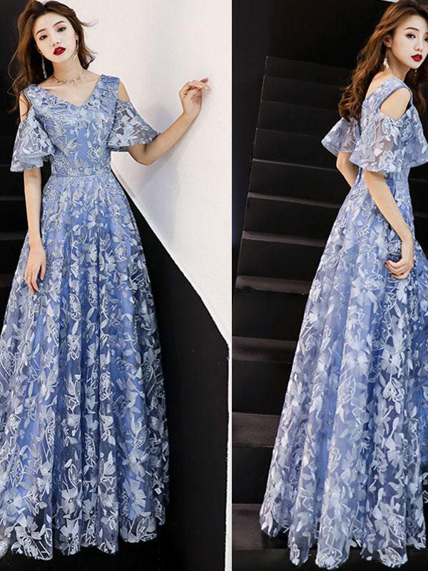 Blue v neck lace long prom dress, blue bridesmaid dress