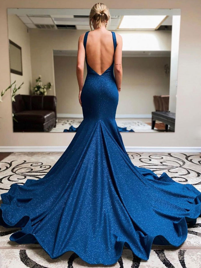 Mermaid blue long prom dress blue evening dress