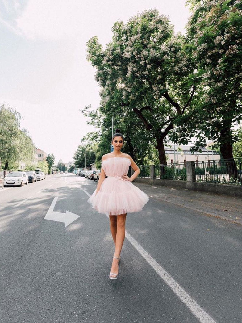 short pink tutu prom dress Pink Tulle Lace Short Prom Dress Pink Lace Homecoming Dress US 14 / Pink