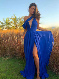 Unique one shoulder chiffon long prom dress blue evening dress