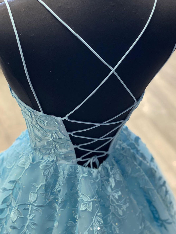 Blue tulle lace long prom dress blue tulle lace evening dress