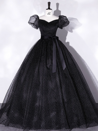 Black A-Line Tulle Long Prom Dresses, Black Formal Sweet 16 Dress