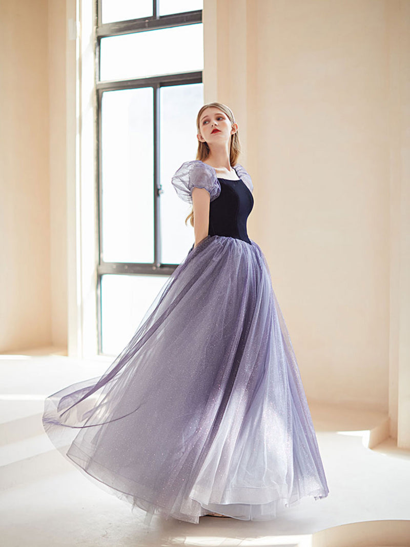 Purple tulle long prom dress, purple A line evening dress