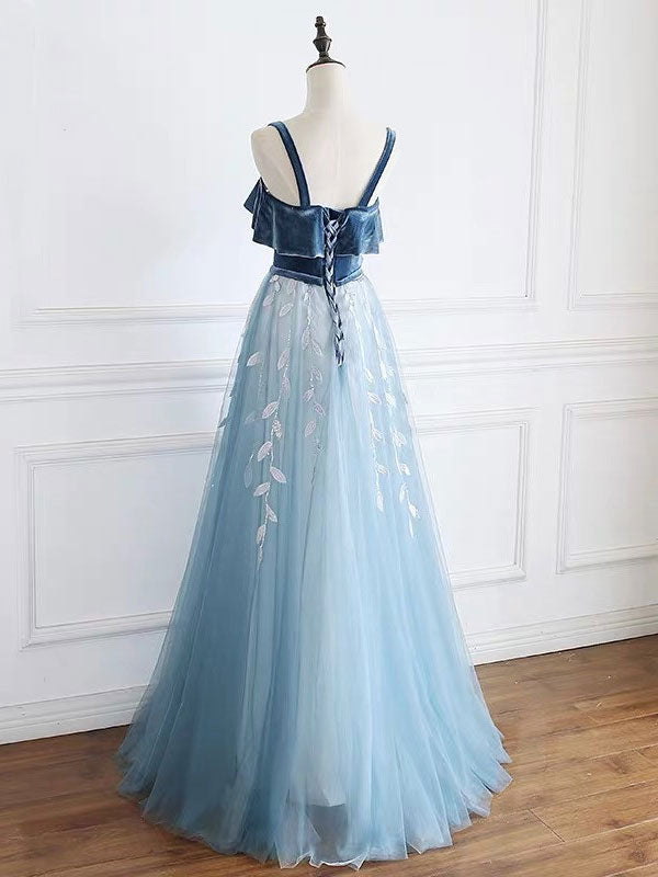 Blue tulle lace long prom dress, blue tulle long evening dress