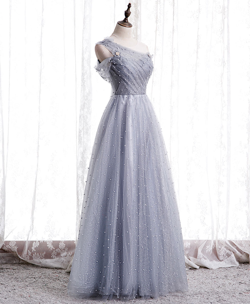 Gray one shoulder tulle long prom dress gray tulle evening dress