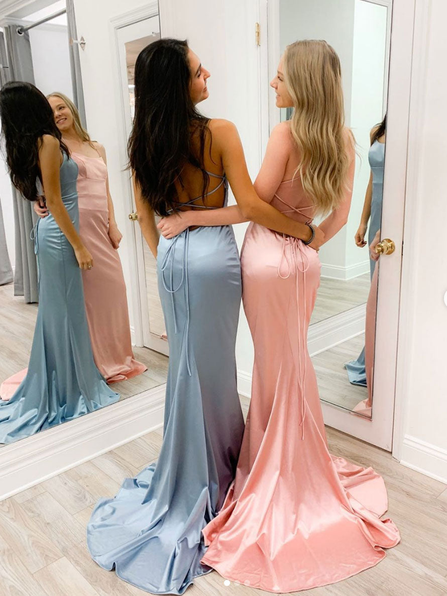 Simple satin backless long prom dress pink evening dress