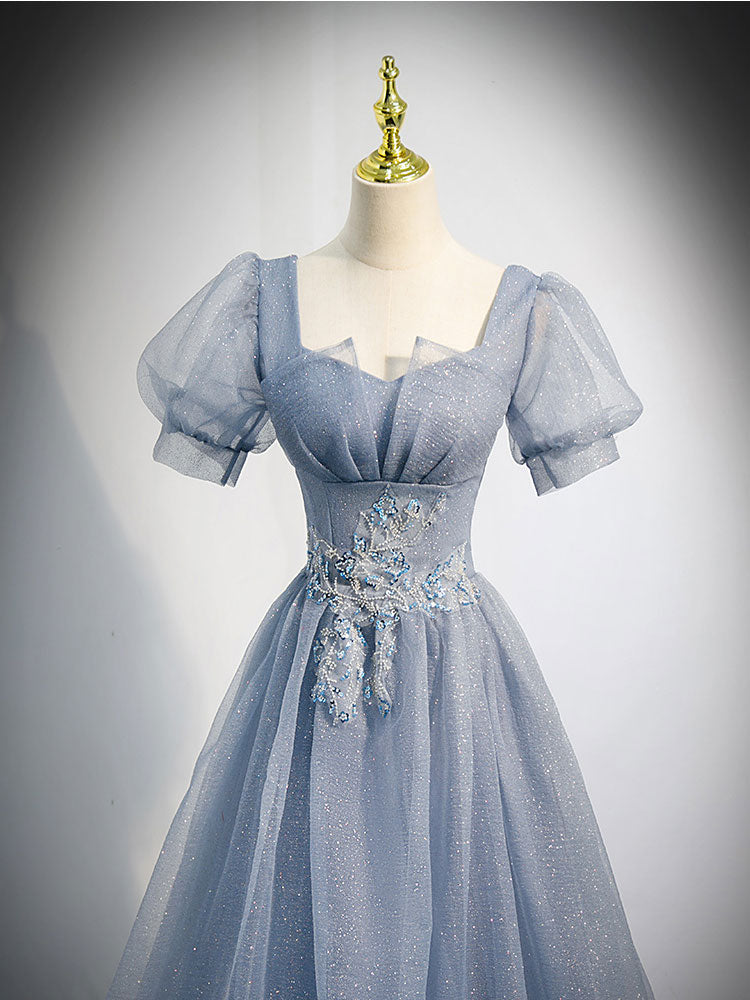 Gray blue tulle sequin long prom dress, gray blue evening dress