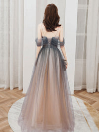 Champagne A line tulle long prom dress champagne evening dress