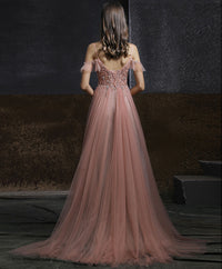 Pink v neck tulle beads long prom dress pink tulle formal dress