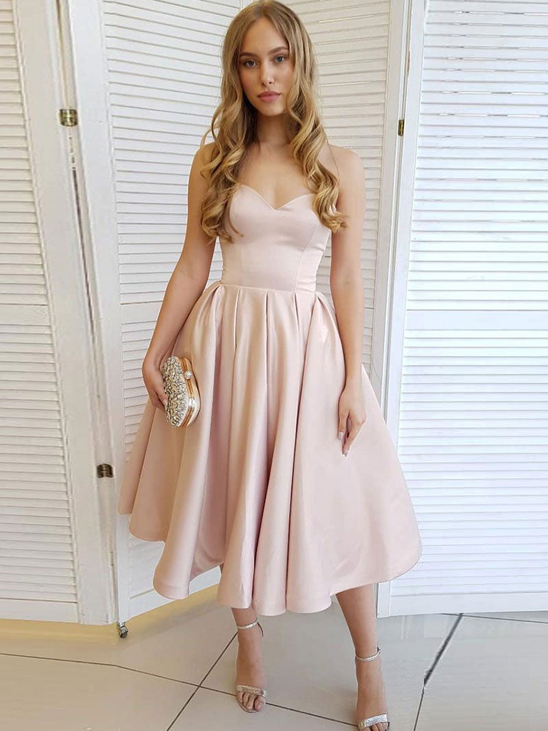 Simple sweetheart satin short prom dress, pink bridesmaid dress