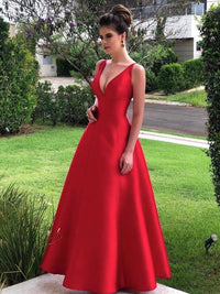 Simple v neck satin red long prom dress red satin evening dress