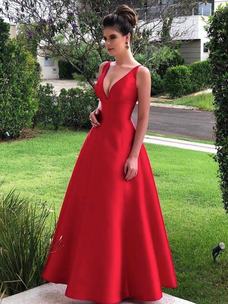 Simple v neck satin red long prom dress red satin evening dress